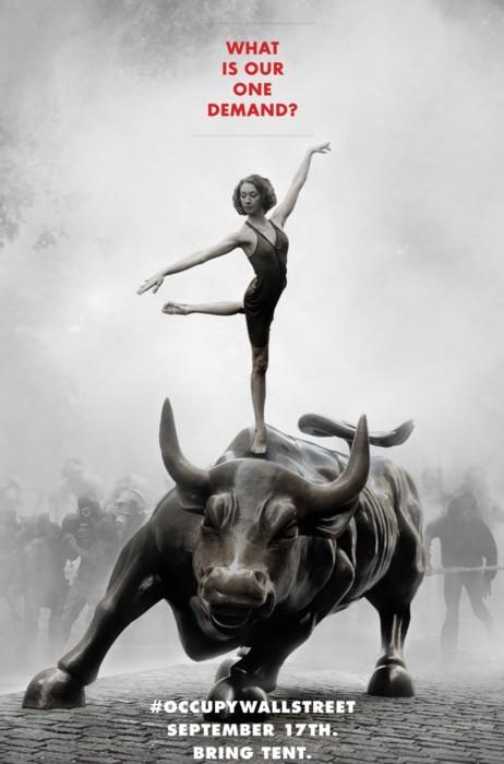 Плакат, призывающий начать 17 сентября акцию «Захвати Уолл-Стрит». Использовано изображение известной скульптуры быка вблизи нью-йоркской фондовой биржи.