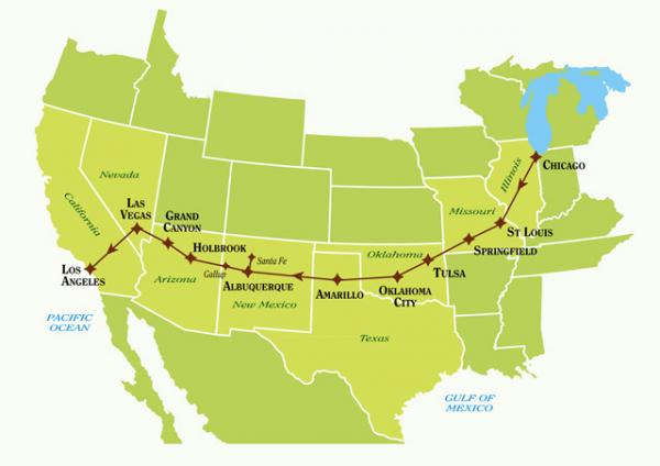 Карта Трассы 66:   от Чикаго до Лос-Анджелеса