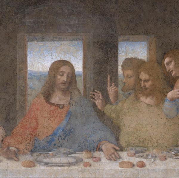 Фрагмент фрески Леонардо Да Винчи «Тайная вечеря». Справа: апостолы Фома и Иаков Зеведеев — автопортреты Леонардо?