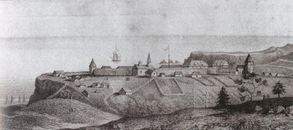 Вид на Форт-Росс в 1828 году.  Работа A. B. Duhaut-Cilly.  Из архива Исторического общества Форт-Росса.