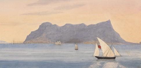 Джордж Лотиан Холл, «Скала Гибралтар» из Альхесираса (Испания), 1843 г. Акварель, гуашь, графит, процарапывание на тканевой бумаге, Йельский центр британского искусства, Нью-Хейвен. Фото: Йельский центр британского искусства