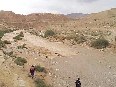 Жители окрестных поселений наблюдают, как вода впервые за долгие годы врывается в русло давно высохшей реки Зин в пустыне Негев на юге Израиля. Кадр видео YouTube.