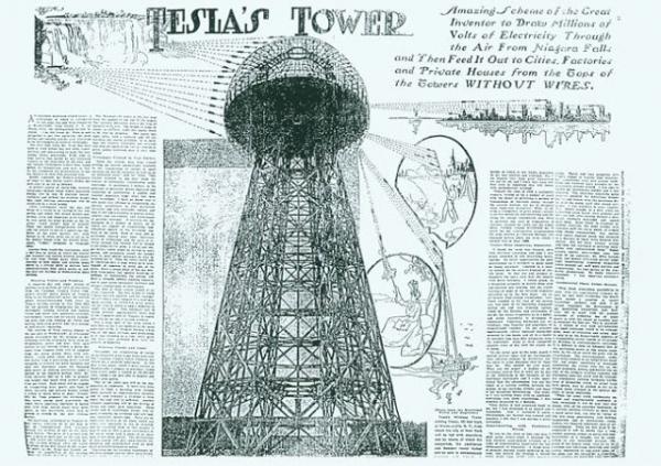 Знаменитая излучающая электричество башня Николы Теслы, построенная им на Лонг-Айленде под Нью-Йорком