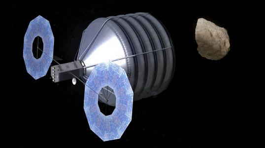 Корабль-робот  с двумя солнечными батареями (два кольца по бокам слева) и арканом- мешком захвата астероида (справа). Иллюстрация: NASA 