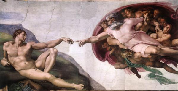 Микеланджело. Сотворение Адама, около 1511 г. Фреска. Сикстинская капелла, Ватикан. Традиционно Бог изображается мужчиной, но сегодня пол Бога — вопрос дискуссионный. 