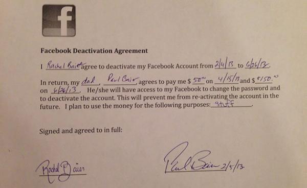 Соглашение между Полом Бэйером и его 14-летней дочерью Рейчел о дезактивации страницы «Фейсбука». Courtesy of Paul Baier 