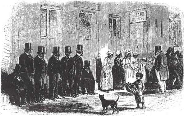 Хотя Линкольн и рассматривал рабство как зло, он разделял мнение большинства американцев того времени, что черные не могут быть ассимилированы в белое общество. Он отрицал социальное равенство рас и придерживался мнения, что черные должны быть переселены заграницу. На рисунке середины 19 века: черные рабы на рынке в Новом Орлеане. Каждый мужчина в черной шляпе продавался в качестве домашнего слуги по цене от 600 до 800 долларов.