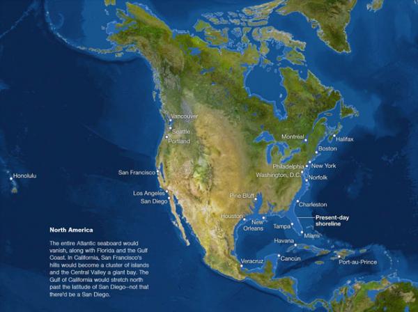 Такими будут очертания береговой линии Северной Америки в случае, если растают все льды Земли. Моделирование журнала National Geographic.