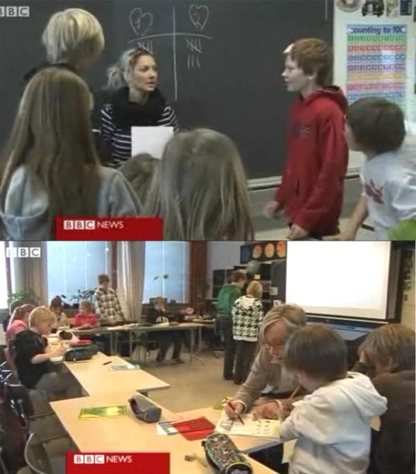 На этих двух снимках изображены уроки в одной из школ Хельсинки. Учительница иностранного языка организовала на уроке обучающую игру (вверху). Учительница художественного творчества делится секретом с одним из своих учеников (внизу). Кадры видеорепортажа BBC.