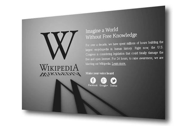 Так выглядел 18 января 2012 года сайт интернет-энциклопедии «Википедия» в знак протеста против обсуждения в Конгрессе США законопроекта о пиратстве в интернете. Надпись гласит: «Представьте мир без свободно доступных знаний»...