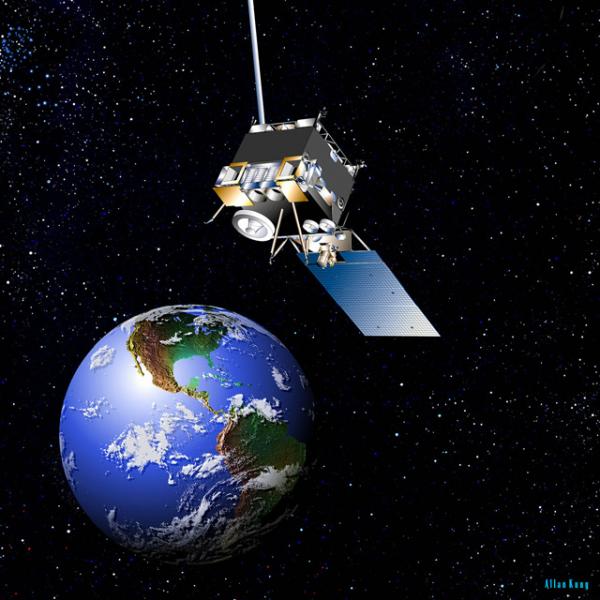 Спутник GOES-13 на геостационарной орбите (рисунок художника НАСА). Геостационарная орбита — круговая орбита спутника, висящего над одной точкой экватора на высоте 22300 миль (35786 км) над уровнем моря. В этом случае скорость вращения спутника вокруг Земли равна скорости вращения самой Земли вокруг своей оси.  Время полного оборота — 23 часа 56 минут 4,091 секунды. С помощью этого спутника ведутся наблюдения за погодой в восточной и юго-восточной частях США.