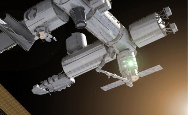 Механическая рука МКС пристыковывает корабль «Сигнус» к грузовому люку. Иллюстрация корпорации Orbital Sciences.